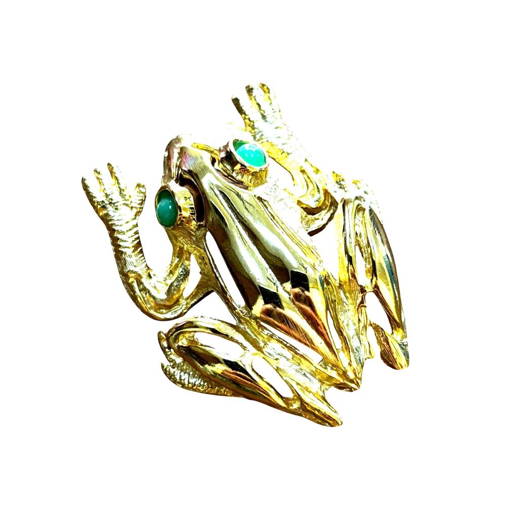 Vintage 1990's Frog brooch goldtone statement pin with jade green beaded eyes